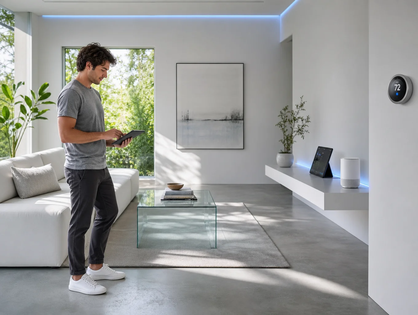 Daylight modern living room staged with smart adjustable furniture